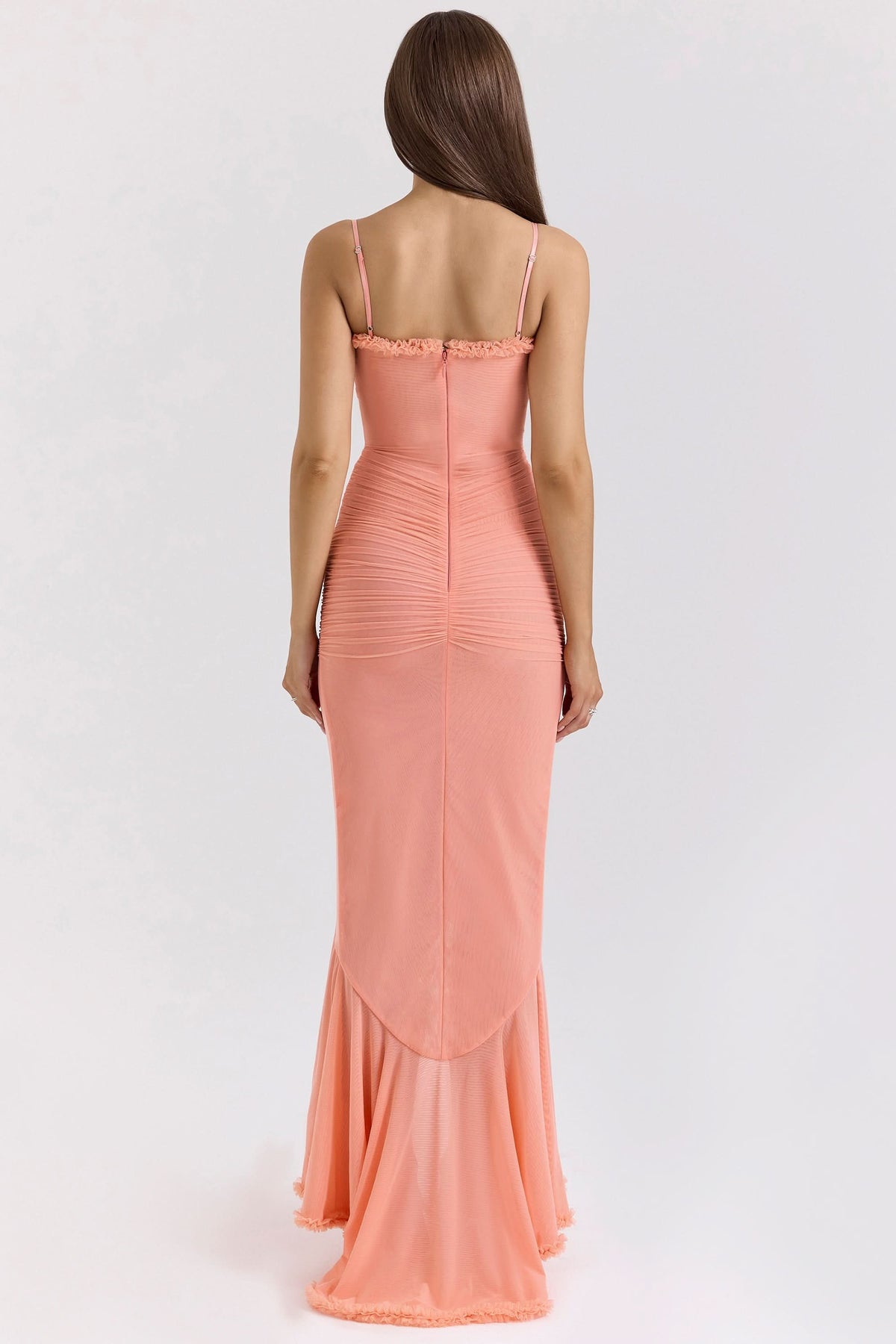 Sweetheart Spaghetti Strap Ruched Cascade Ruffle Maxi Dress