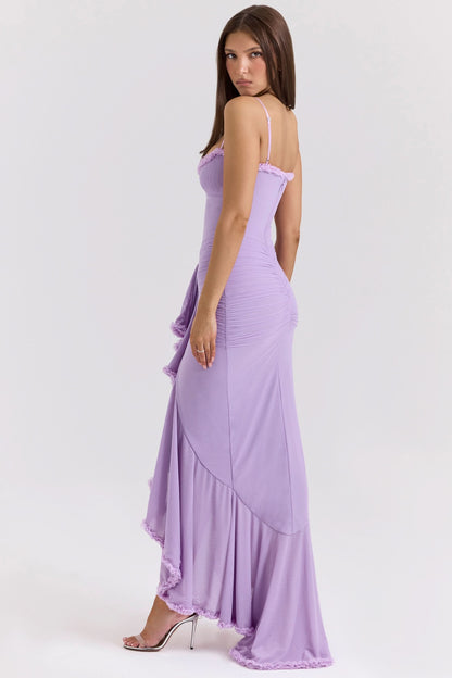 Sweetheart Spaghetti Strap Ruched Cascade Ruffle Maxi Dress