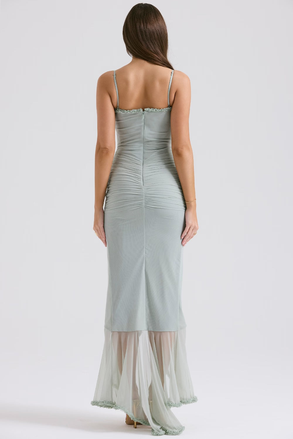 Sweetheart Neck Spaghetti Strap Cutout Ruched Mesh Cascade Ruffle Maxi Gown