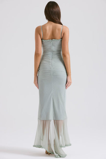 Sweetheart Neck Spaghetti Strap Cutout Ruched Mesh Cascade Ruffle Maxi Gown