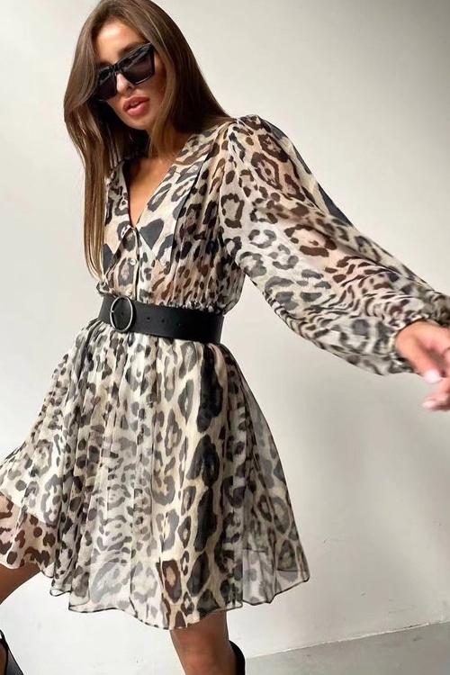 Print Collar Button Down Belted Chiffon Mini Dress