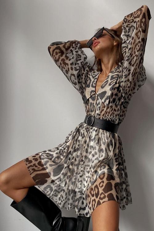 Print Collar Button Down Belted Chiffon Mini Dress