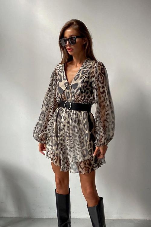 Print Collar Button Down Belted Chiffon Mini Dress