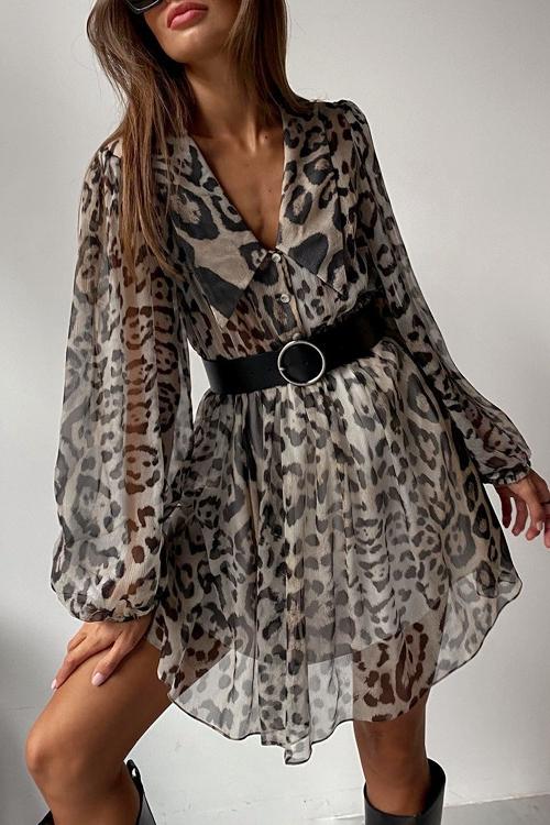 Print Collar Button Down Belted Chiffon Mini Dress