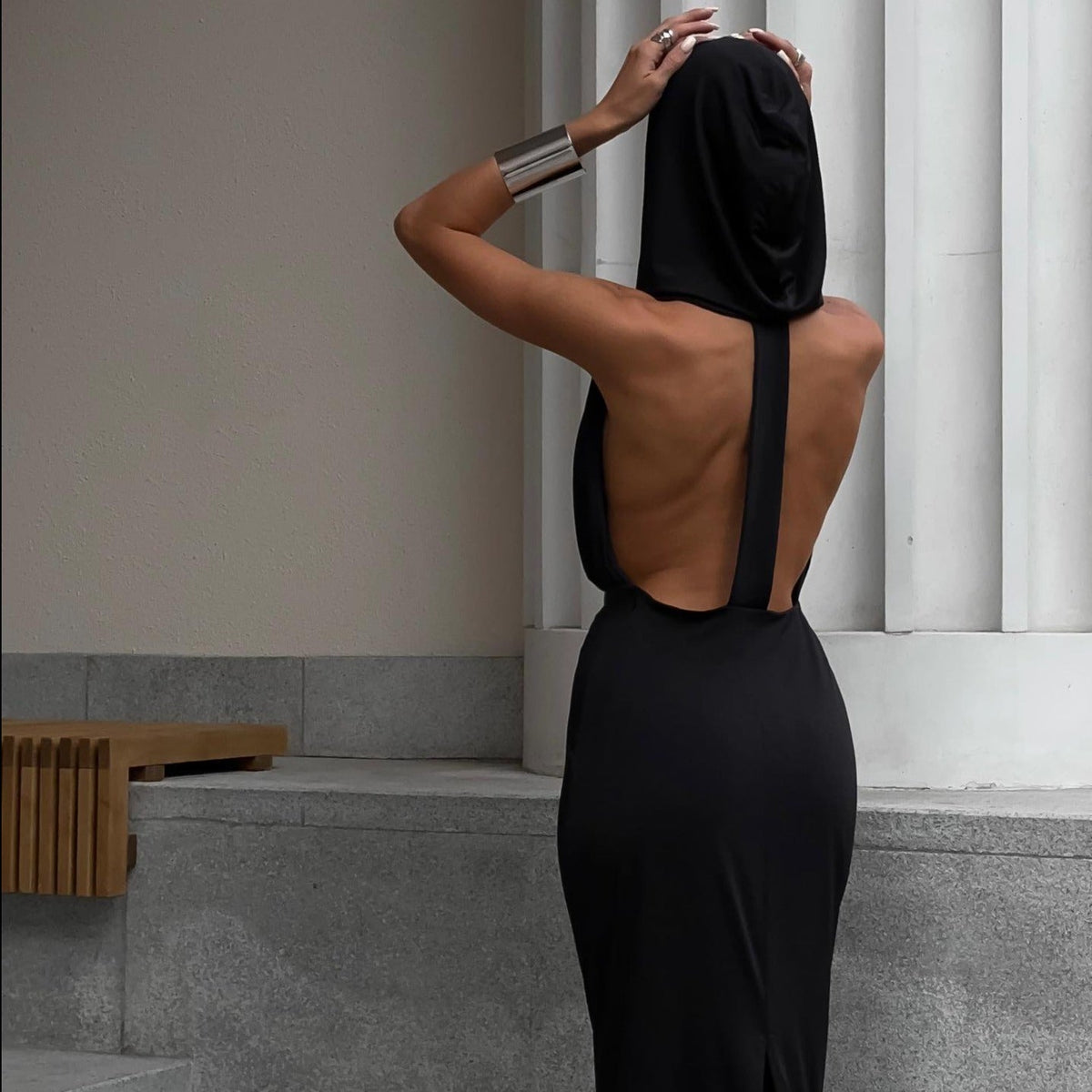 Hooded Open Back Center Strap Column Midi Dress
