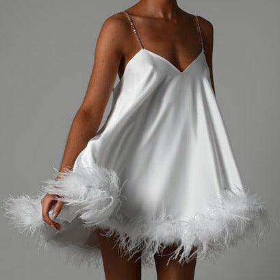 Deep V Neck Crystal Strap Feather Hem Babydoll Mini Dress