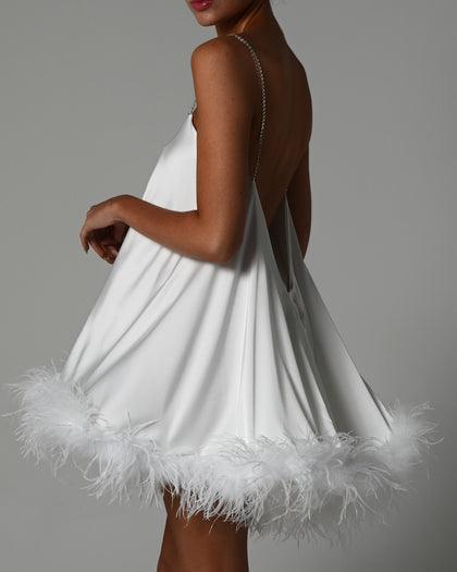 Deep V Neck Crystal Strap Feather Hem Babydoll Mini Dress