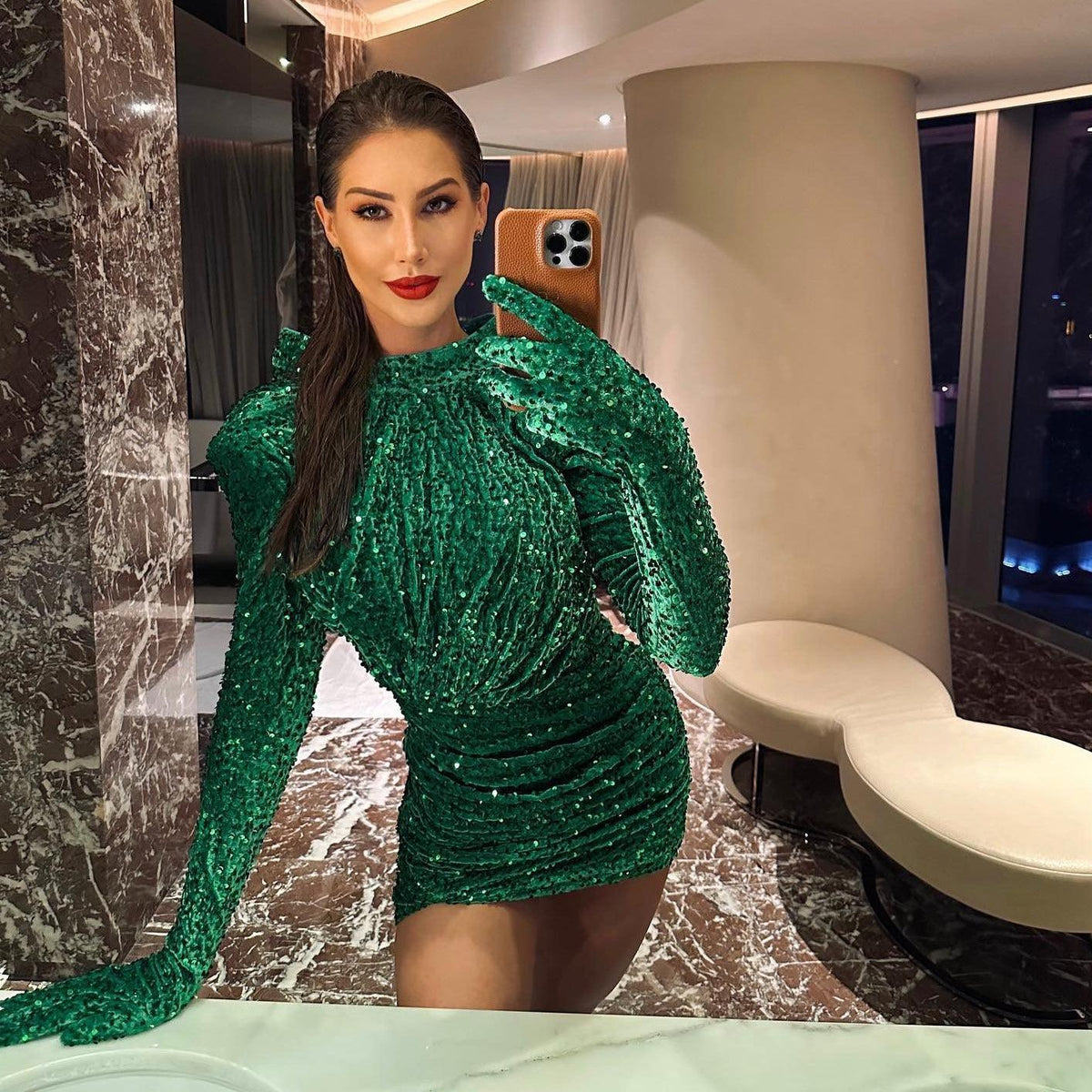 Mock Neck Sequin Mesh Glove Sleeve Bodycon Mini Dress