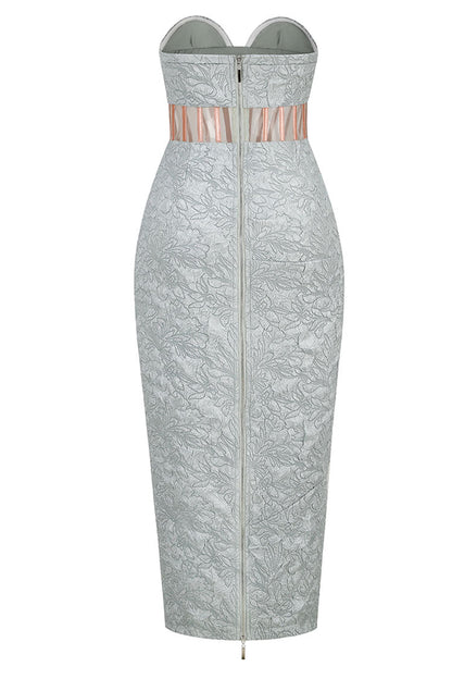 Floral Jacquard Strapless Corset Boned Panel Bodycon Midi Dress