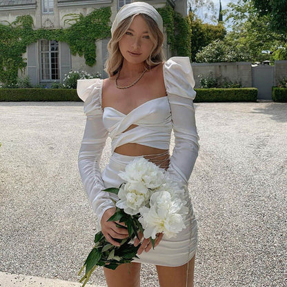Satin Puff Sleeve Wrap Crop Top Lace Up Ruched Mini Skirt Set