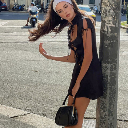 Mock Neck Tie Front Keyhole Cutout Cap Sleeve Satin Mini Dress