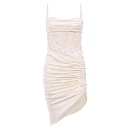 Satin Corset Lace Panel Ruched Spaghetti Strap Thigh Slit Midi Dress