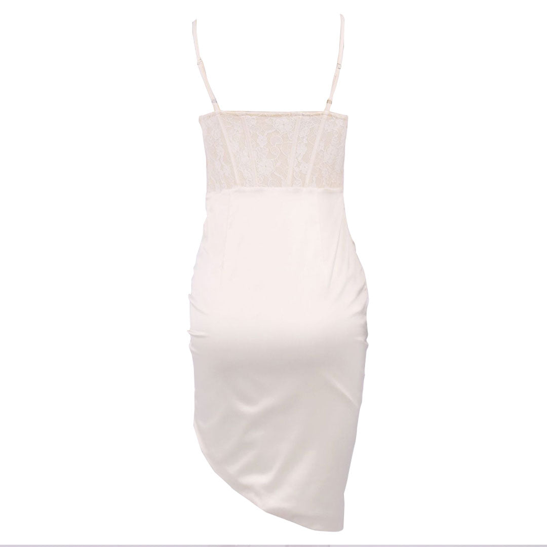 Satin Corset Lace Panel Ruched Spaghetti Strap Thigh Slit Midi Dress