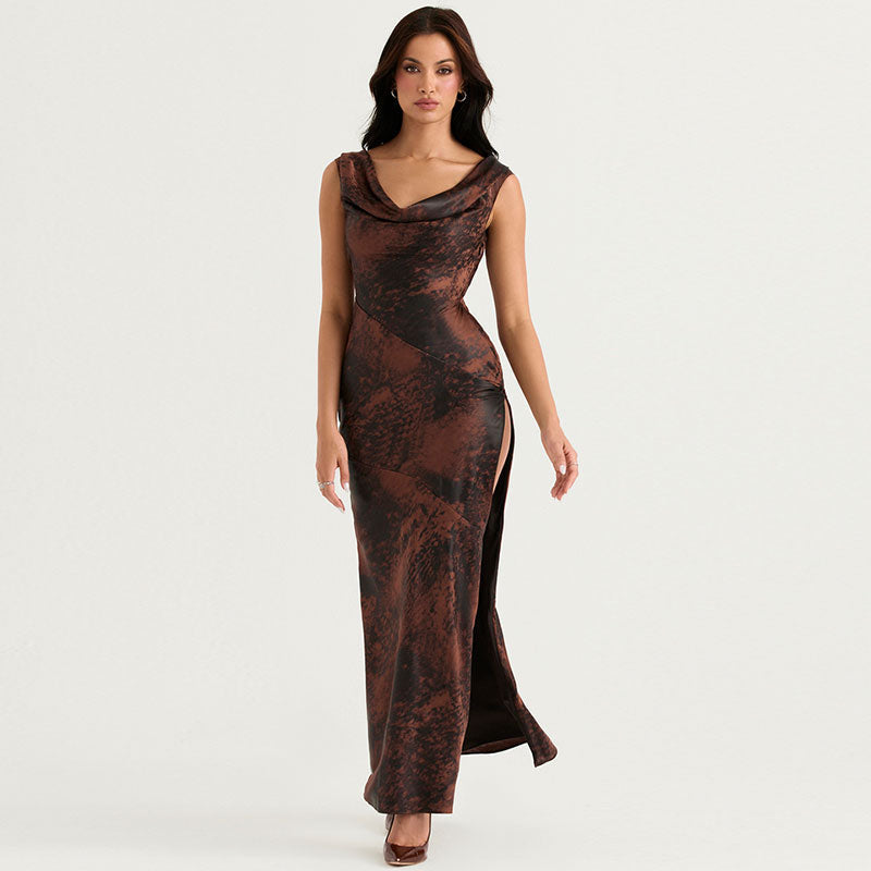 Abstract Print Cowl Neck Sleeveless High Slit Satin Maxi Dress