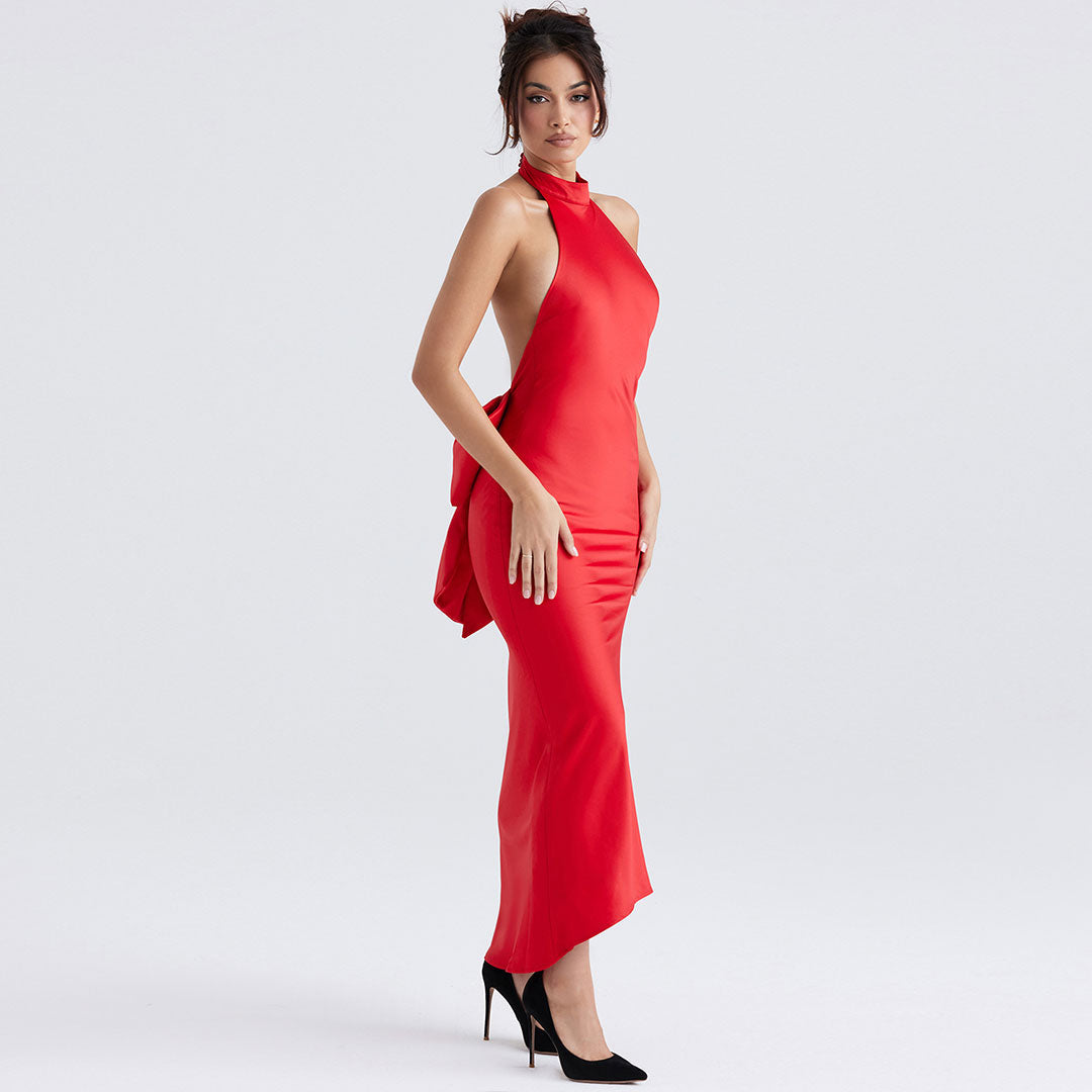 Satin Halter High Neck Sleeveless Bow Back Fishtail Maxi Gown