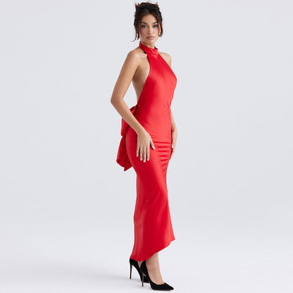 Satin Halter High Neck Sleeveless Bow Back Fishtail Maxi Gown