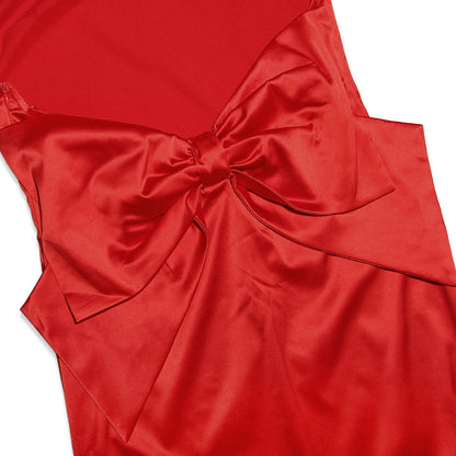 Satin Halter High Neck Sleeveless Bow Back Fishtail Maxi Gown