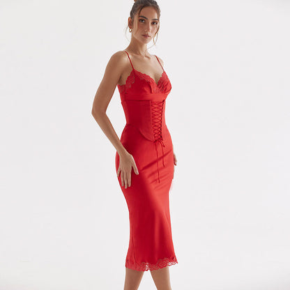 Lace Trim Sweetheart Corset Lace-Up Fishtail Bodycon Midi Dress