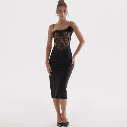 Floral Lace Deep V Bodice Applique Spaghetti Strap Bodycon Midi Dress