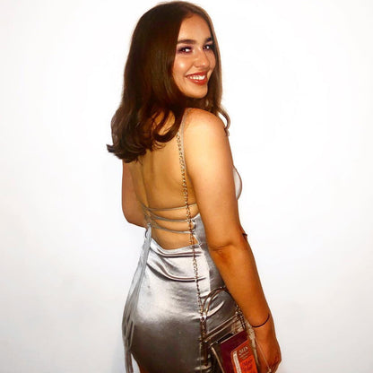 Square Neck Spaghetti Strap Metallic Satin Bodycon Slip Mini Dress