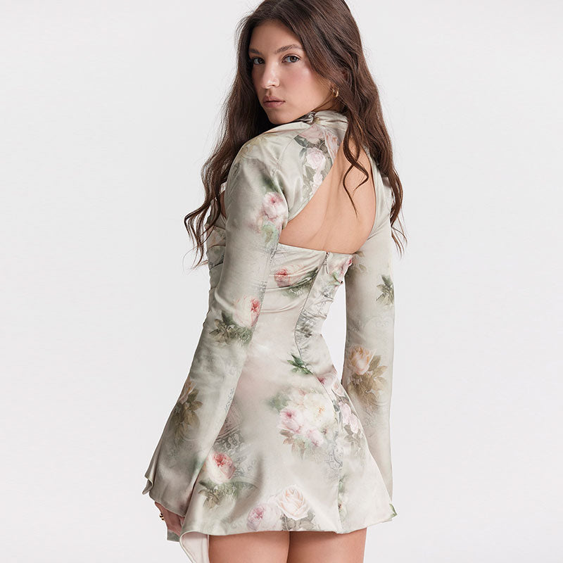 Mock Neck Chest Cutout Ruched Floral Print Bell Sleeve Satin Mini Dress