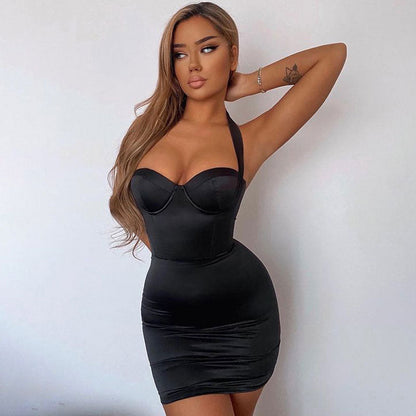 Halter Sweetheart Bustier Underwire Satin Bodycon Mini Dress