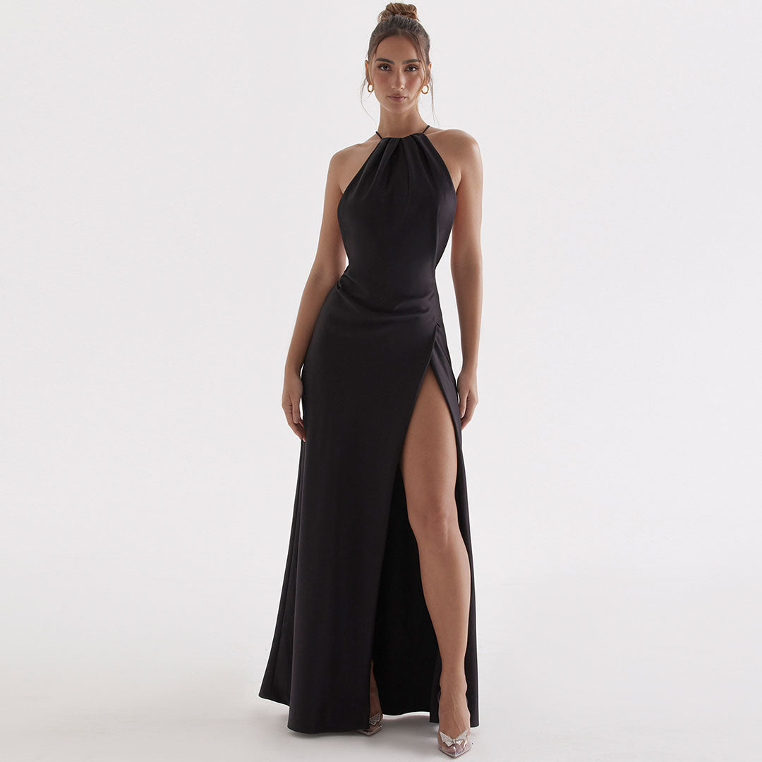 Satin Halter Neck Pleated High Split Backless Floor Length Maxi Dress