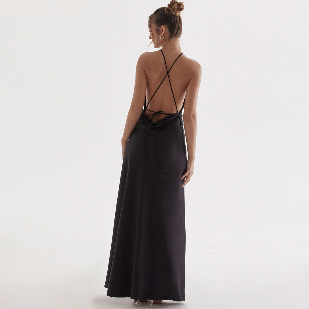 Satin Halter Neck Pleated High Split Backless Floor Length Maxi Dress