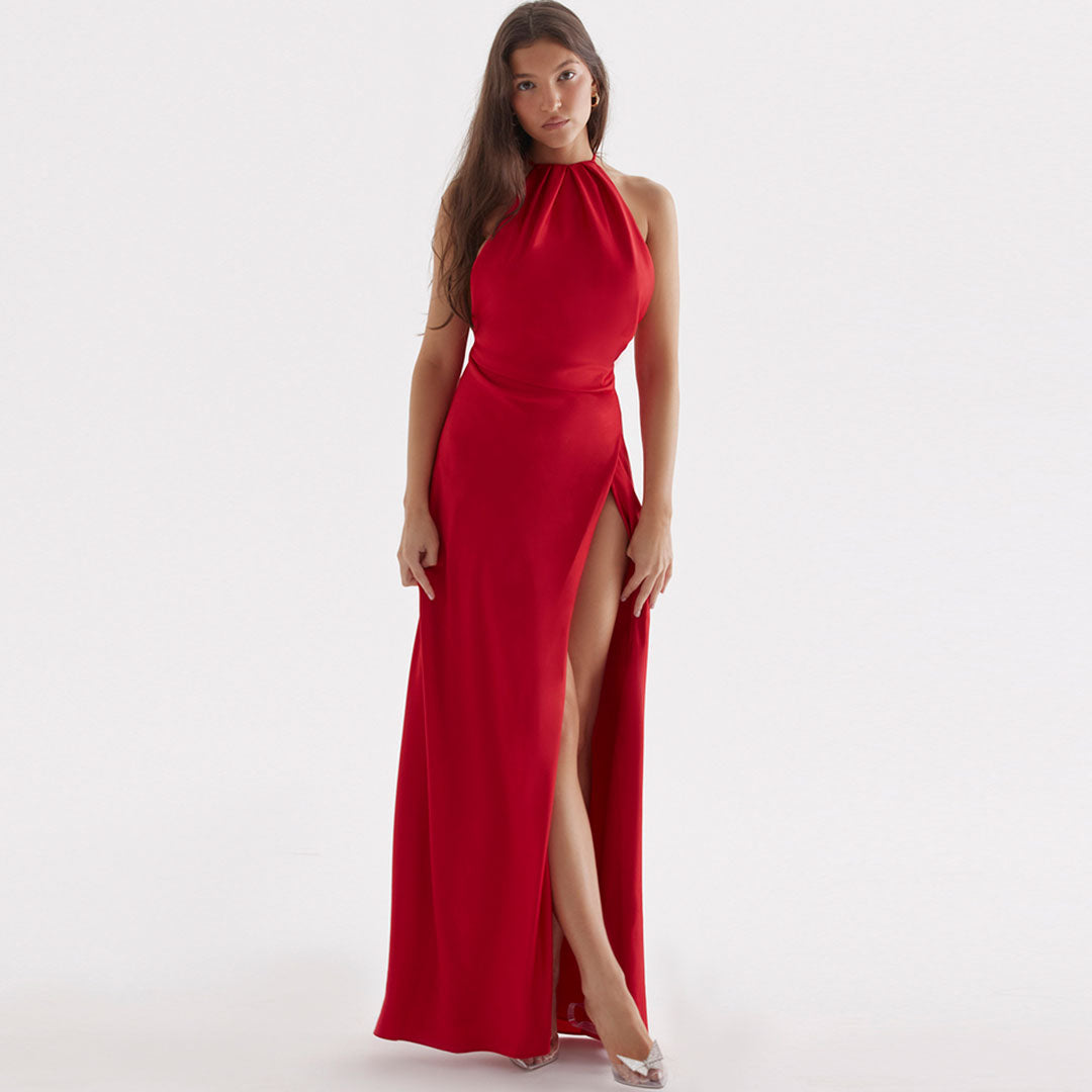 Satin Halter Neck Gathered Neckline Front High Slit Column Maxi Dress