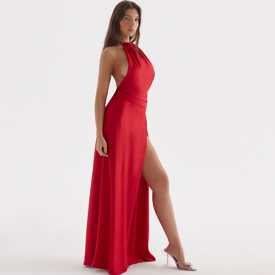 Satin Halter Neck Gathered Neckline Front High Slit Column Maxi Dress