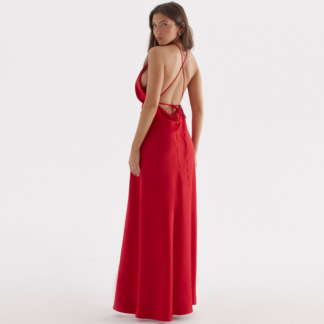 Satin Halter Neck Gathered Neckline Front High Slit Column Maxi Dress