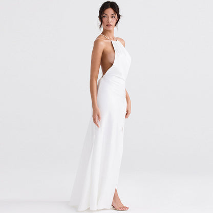 Halter Neck High Split Sleeveless Satin Maxi Gown