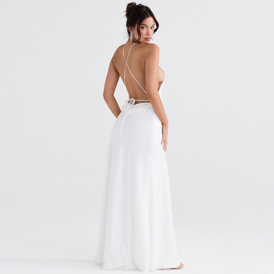 Halter Neck High Split Sleeveless Satin Maxi Gown