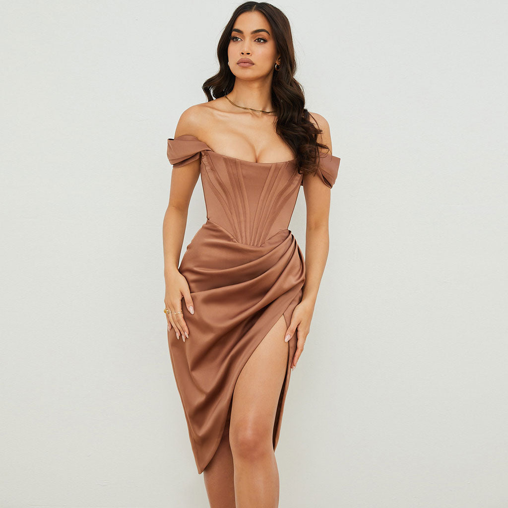 Off-Shoulder Corset Boned Bodice Draped Wrap High Slit Midi Dress