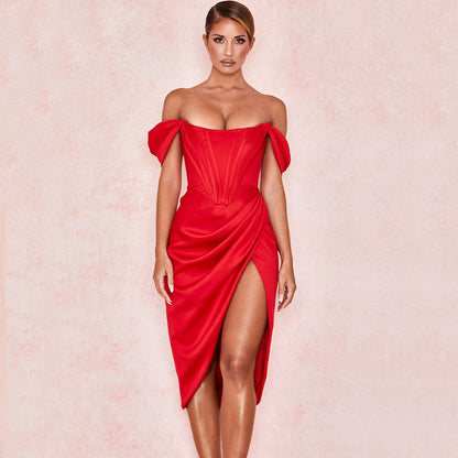 Off Shoulder Sweetheart Corset Bodice Draped Wrap High Slit Midi Dress