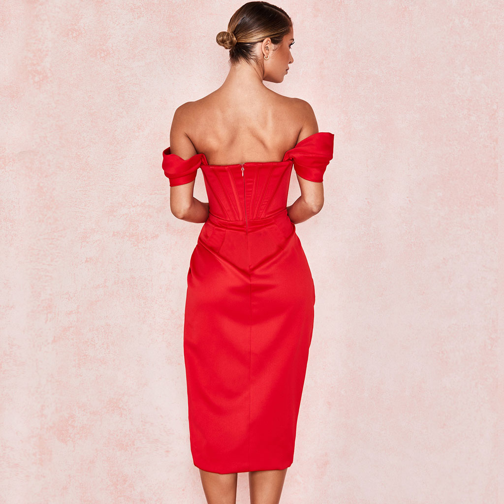 Off Shoulder Sweetheart Corset Bodice Draped Wrap High Slit Midi Dress