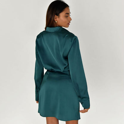 Satin Spread Collar V Neck Long Sleeve Ruched Wrap Shirt Mini Dress