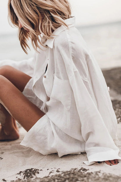 Go To The Beach Linen Blend Pocketed Long Sleeve Oversized Shirt