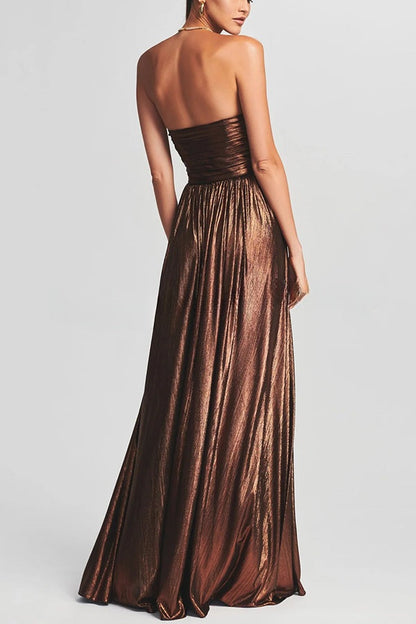 Goddess Temperament Metallic Pleated Fabric Off Shoulder Slit Maxi Dress