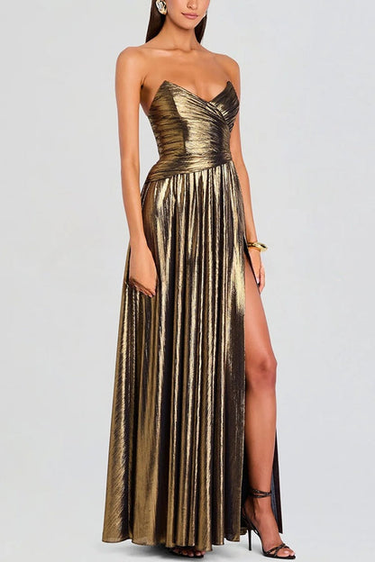 Goddess Temperament Metallic Pleated Fabric Off Shoulder Slit Maxi Dress