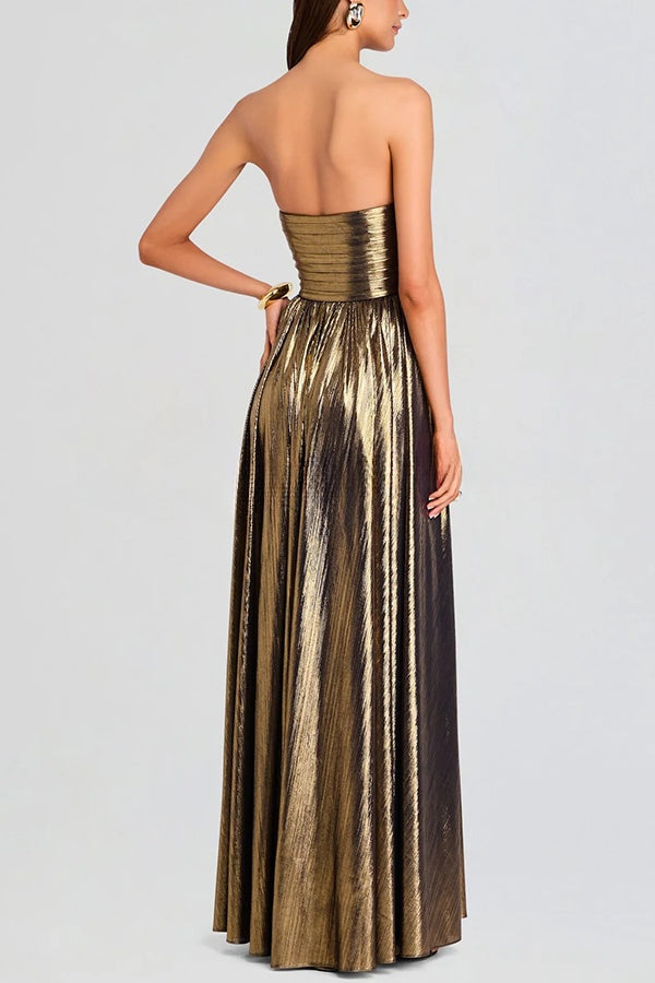 Goddess Temperament Metallic Pleated Fabric Off Shoulder Slit Maxi Dress