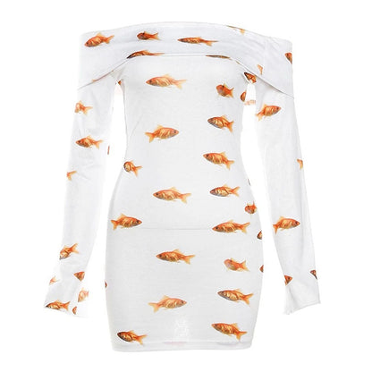 Goldfish Print Off Shoulder Long Sleeve Bodycon Mini Dress