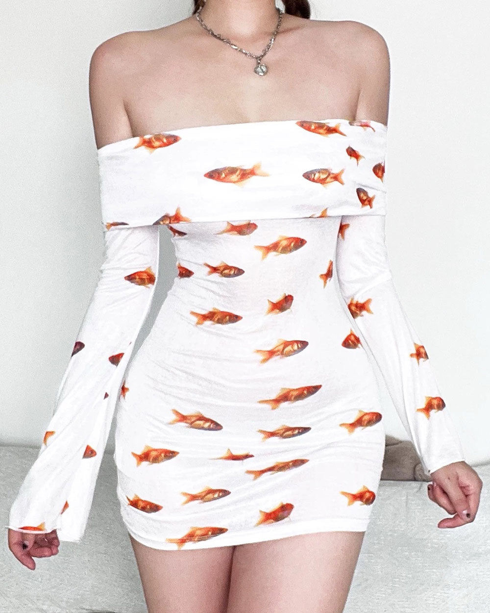 Goldfish Print Off Shoulder Long Sleeve Bodycon Mini Dress