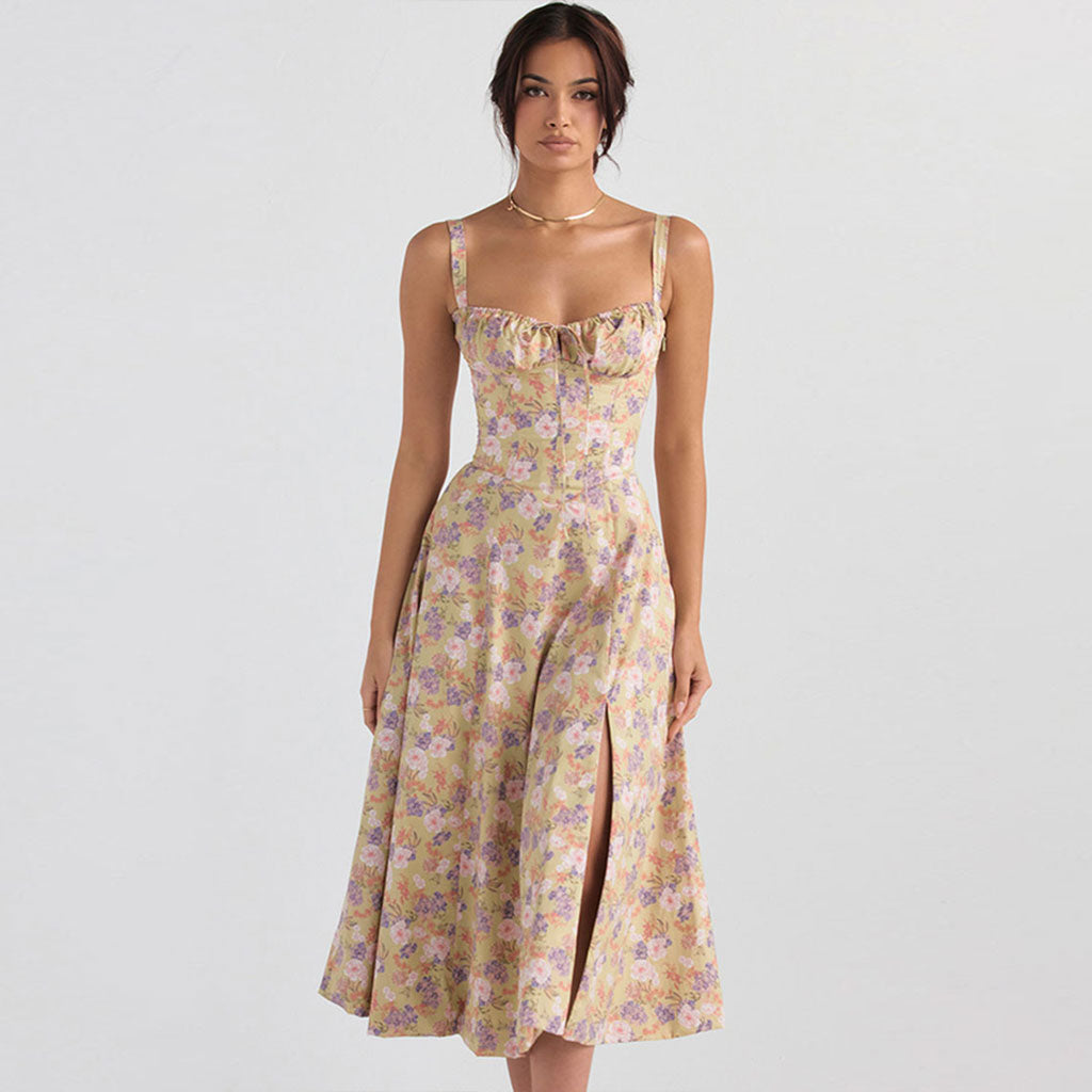 Ditsy Floral Sweetheart Lace Up Back Tie Thigh Slit Midi Dress