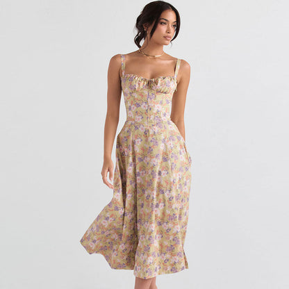 Ditsy Floral Sweetheart Lace Up Back Tie Thigh Slit Midi Dress