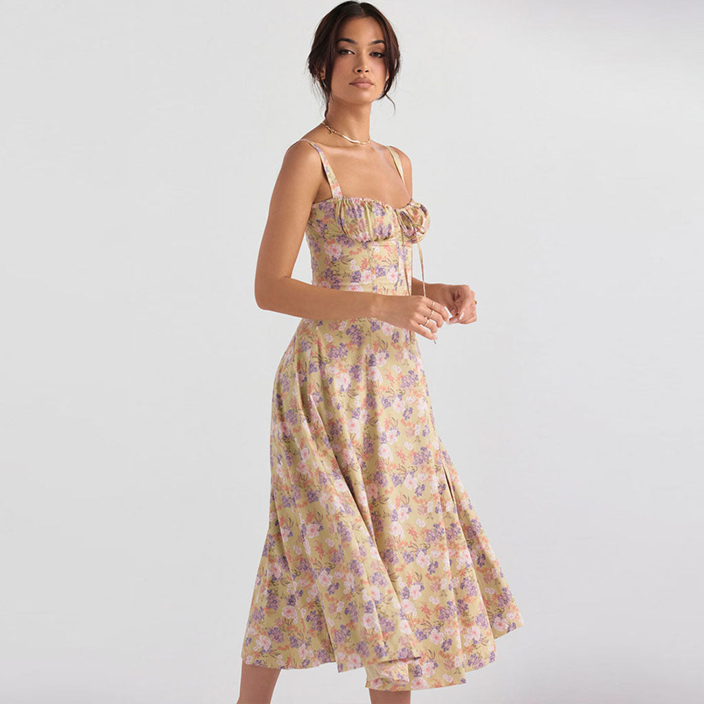 Ditsy Floral Sweetheart Lace Up Back Tie Thigh Slit Midi Dress