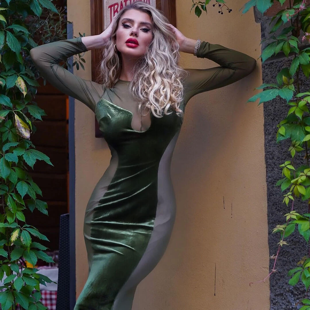 Mock Neck Mesh Panel Plunging Cutout Bodycon Midi Dress