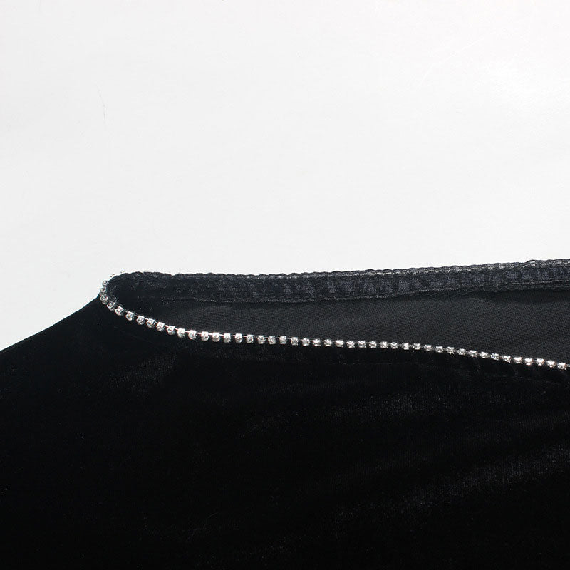 Crew Neck Rhinestone Trim High Split Long Sleeve Velvet Maxi Dress
