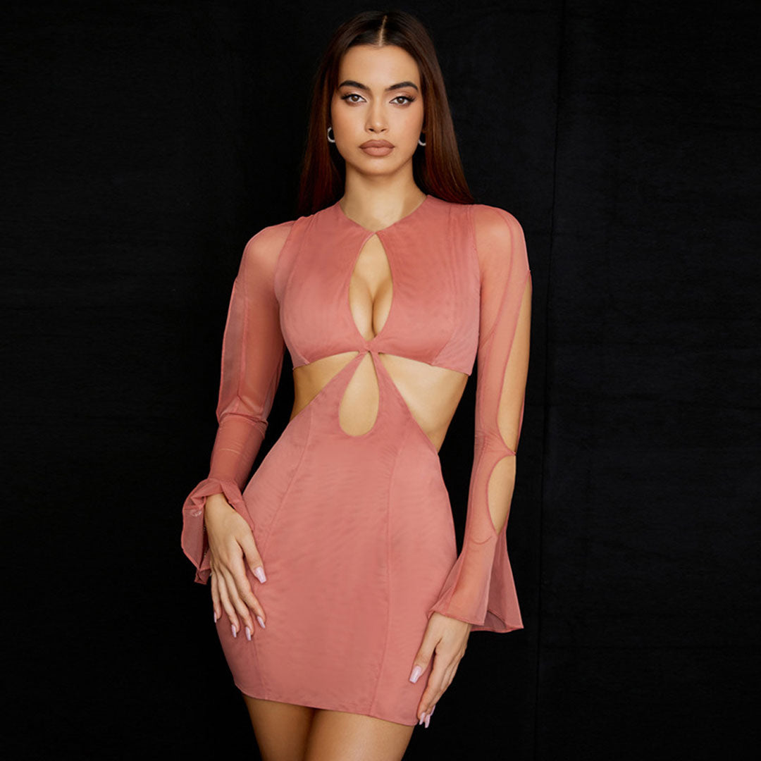 Crew Neck Keyhole Chest Cutout Sheer Bell Sleeve Bodycon Mini Dress