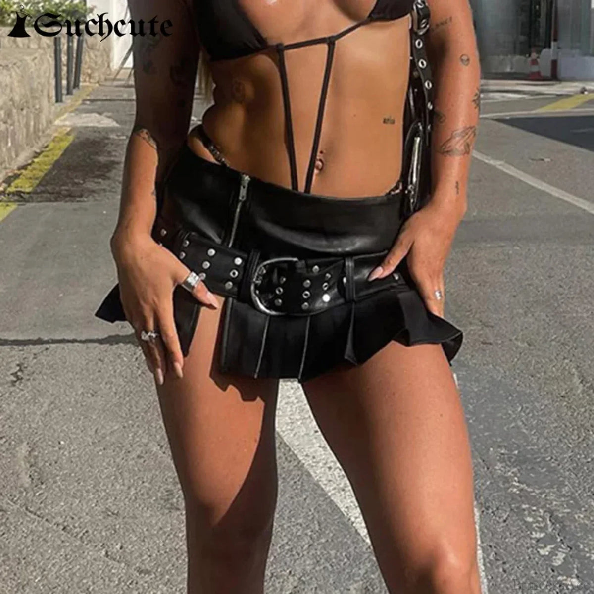 Gothic Rivet Pleated Leather Skirt